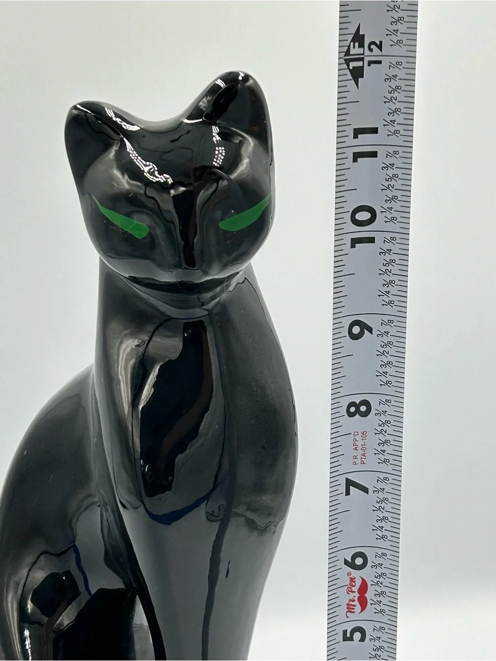 MCM Black Ceramic Cat Figurine with Green Eyes Mid Century Modern
